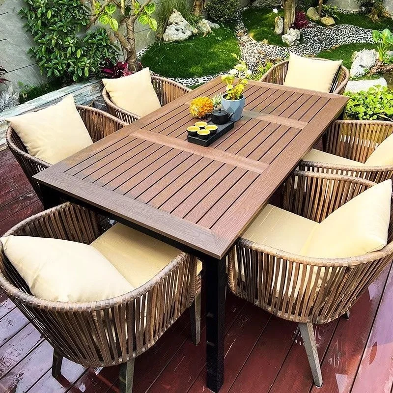 Garden outdoor tables and chairs, villa garden PE woven rattan chairs, leisure terrace anti-corrosion plastic wood table