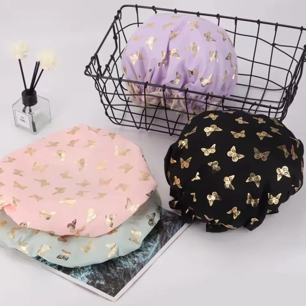

Fashionable Terylene Cotton Double Shower Cap Waterproof Fashionable Hot Gold Printed Hair Cap for Women Bathing Hair Protection