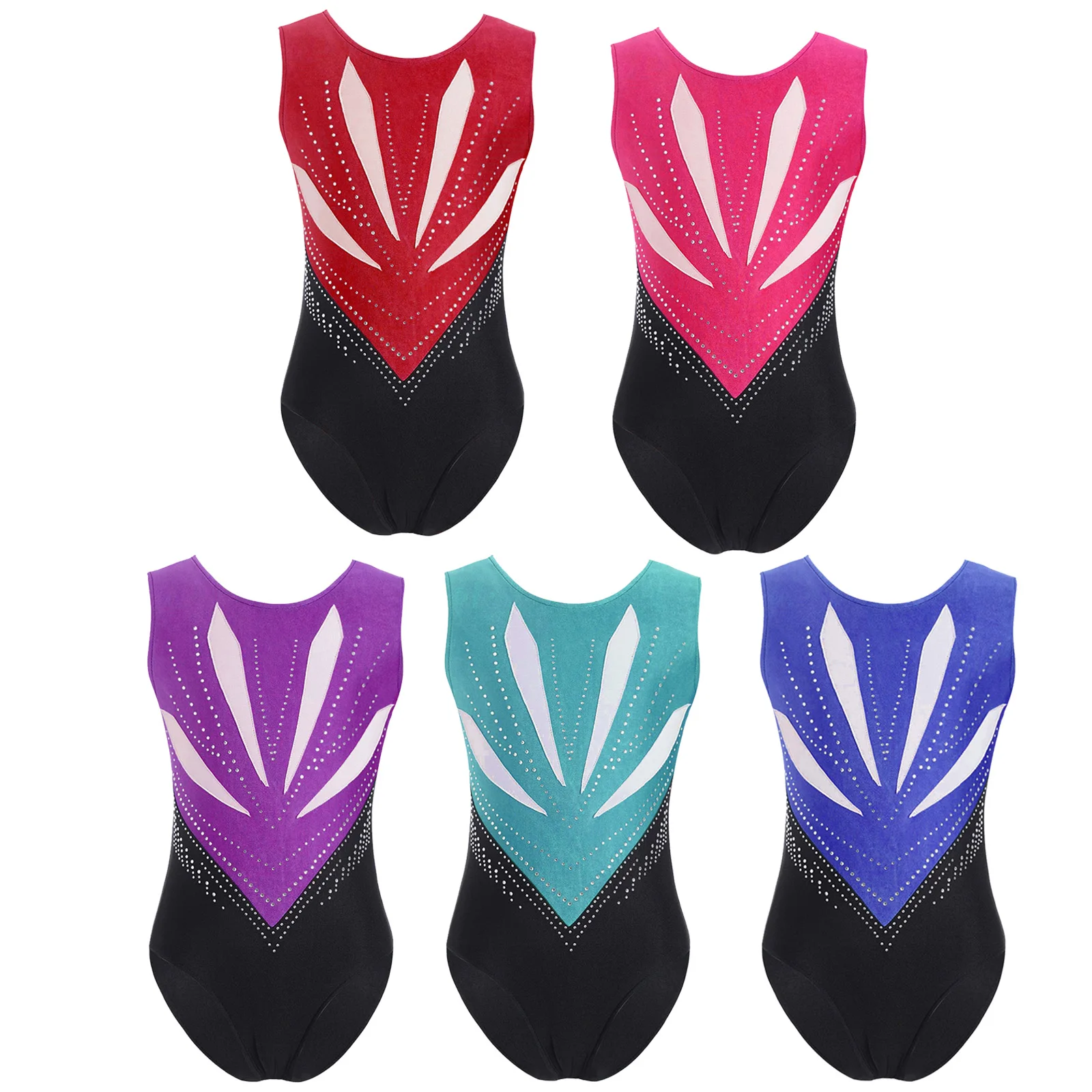 Kids Girls Ballet Gymnastics Leotard Sleeveless Bowknot Cutout Back Sparkly Rhinestones Figure Ice Skating Bodysuit Dancewear