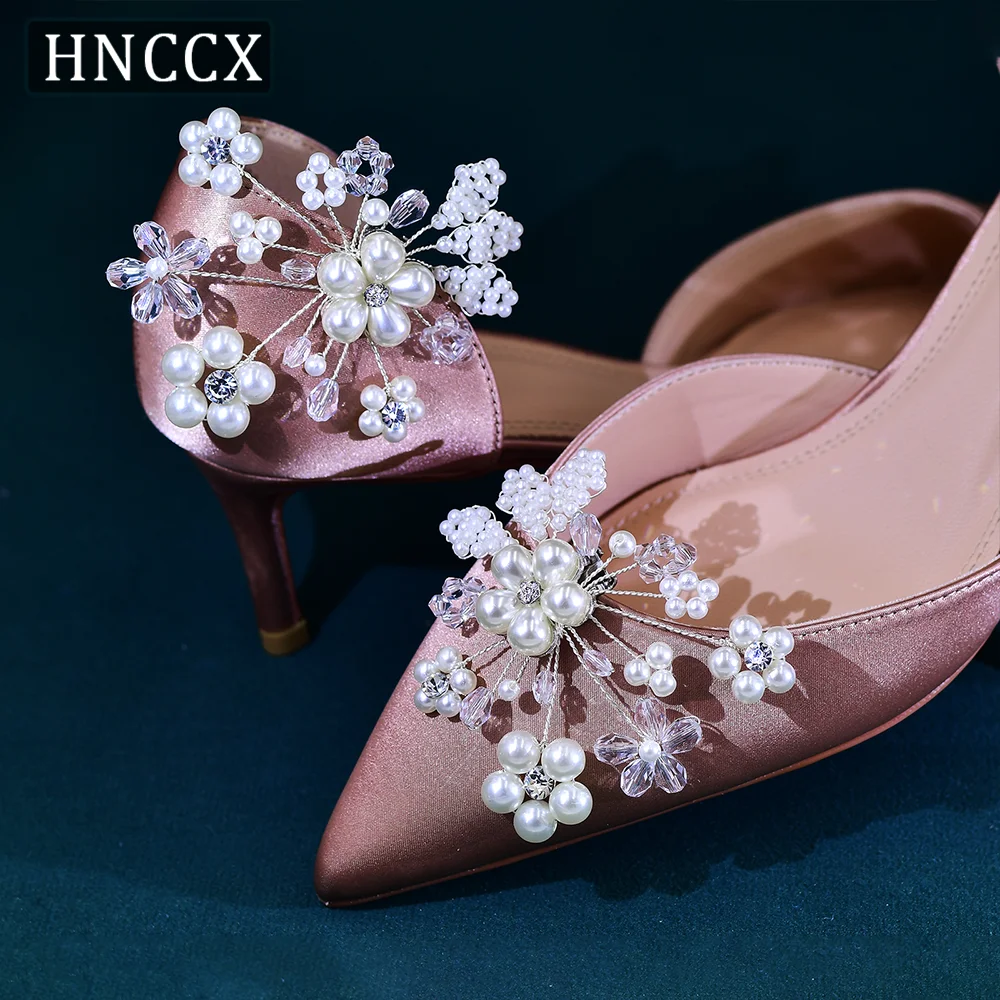 

HNCCX Beaded Shoe Clip Clear Crystal Handmade Pearl Flower High Heels Decoration Shoe Buckle Wedding Shoes Accessories CX14