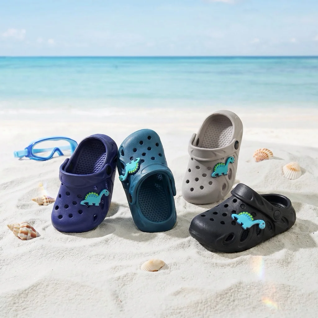 Children Dinosaur Decor Hollow Water Sandals Soft EVA Slip On Slides Anti Wear Breathable Kids Casual Shoes