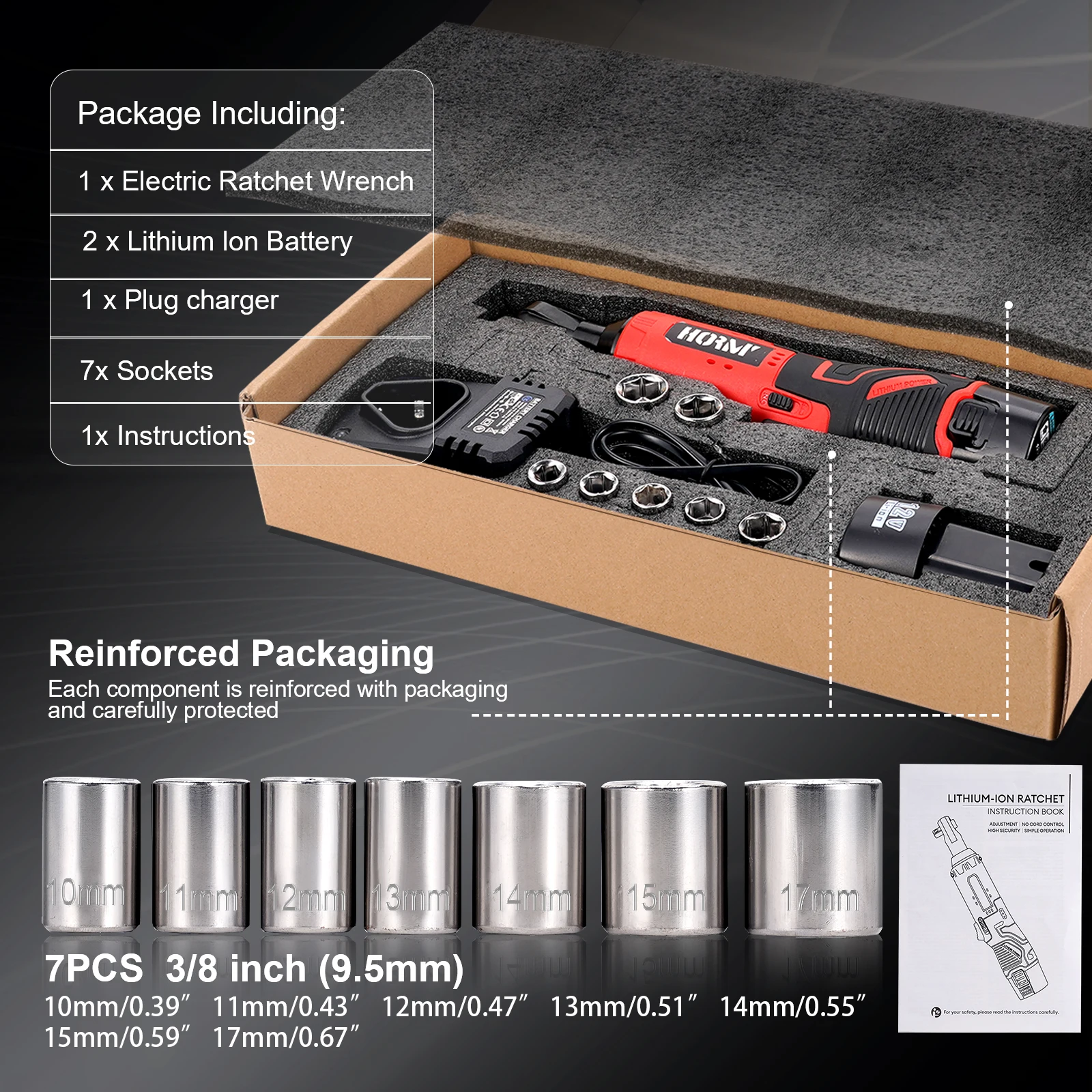 DC12V 3/8 inch Draadloze Elektrische Ratelsleutel 225 Rpm Power Ratelsleutels 2 Batterijen 1 Oplader 7 stks Sockets Onderhoud Tool