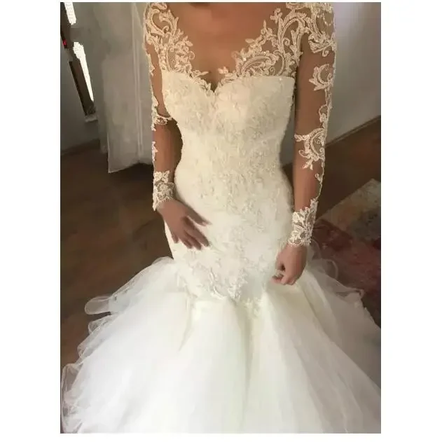 Customized Beauty V Neck Plus Size  Appliques Trumpet  Bridal Gowns Sweep Train Lace Long Sleeve  Wedding Dresses