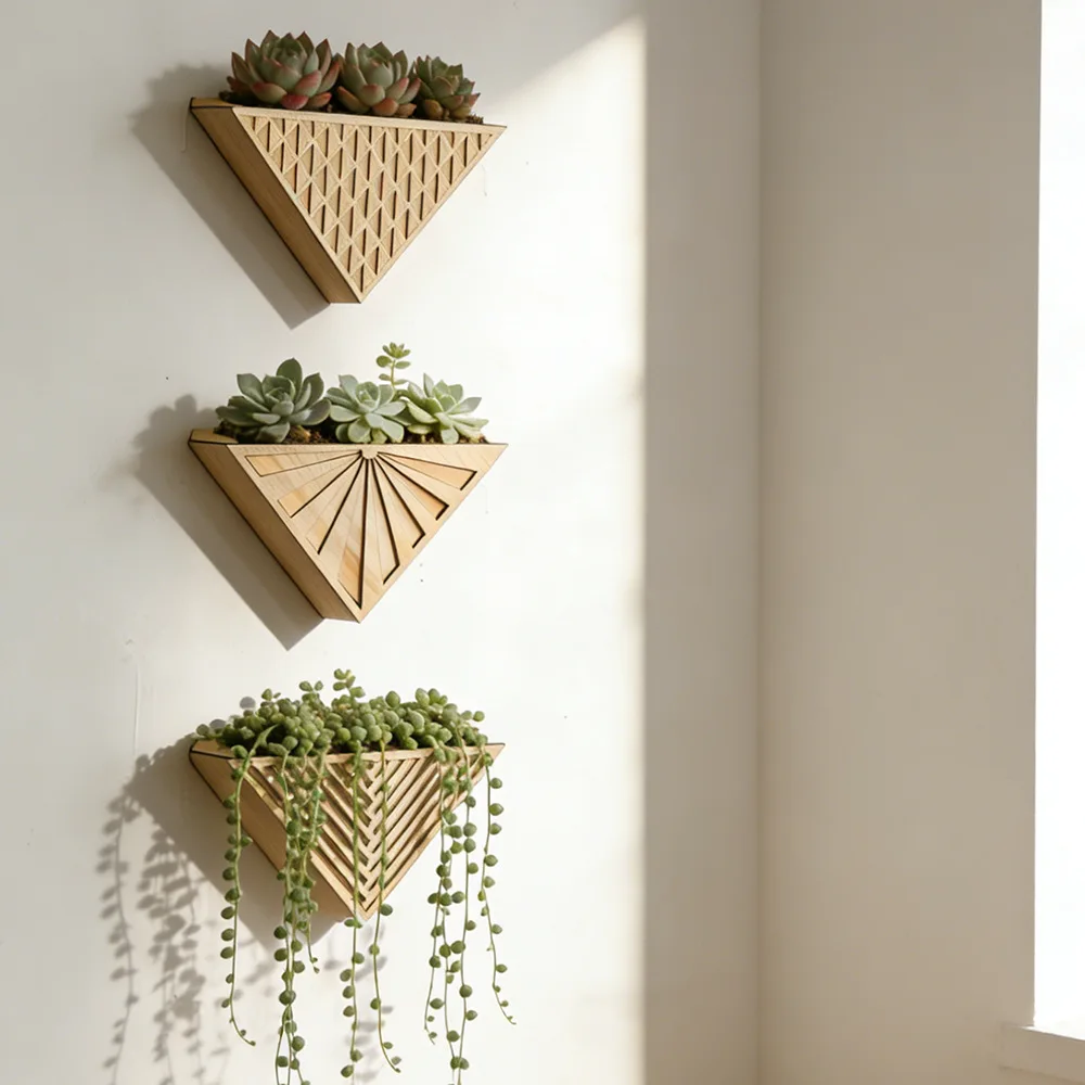 Creativity Wooden Triangle Flower Pot Wall Flower Arrangement Shelf Flowerpot Craft Home Decoration Garden Supplies