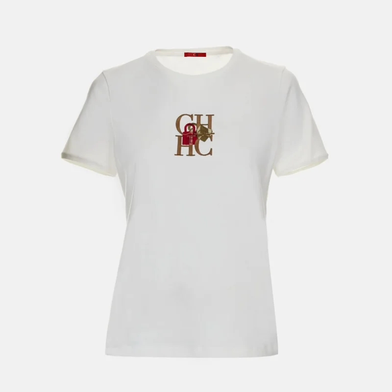 CH Women's Crew Neck T Shirt Lock Letter Embroidery Short Sleeve Soft Cotton Slim Daily Wear Casual Fashion Tops