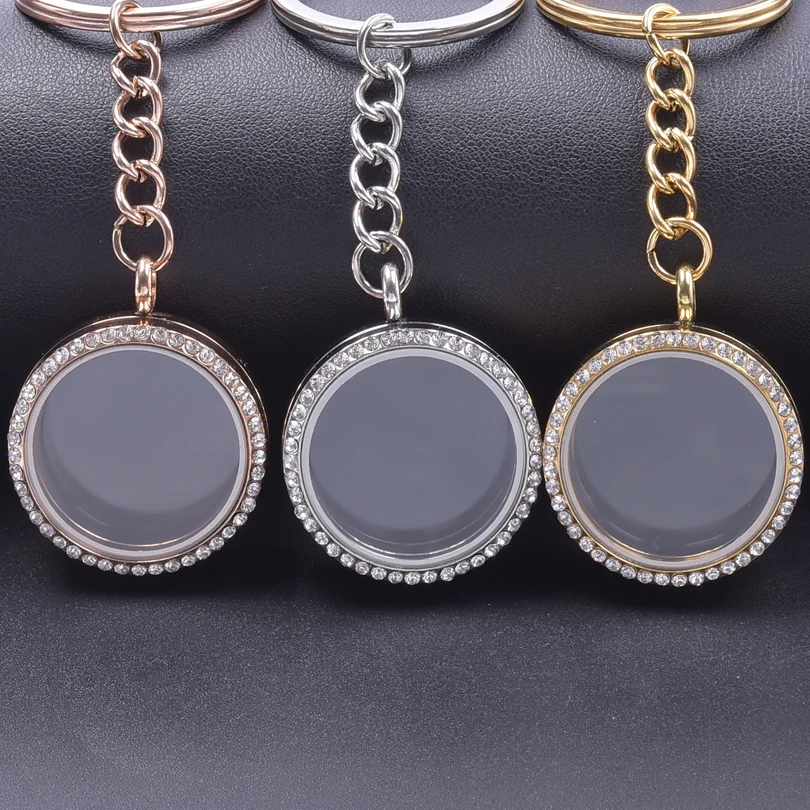 1Pc Stainless Steel Glass Memory Locket Ashes Key Holder For Women Round Floating Living Relicario Pendant Keychain Jewelry