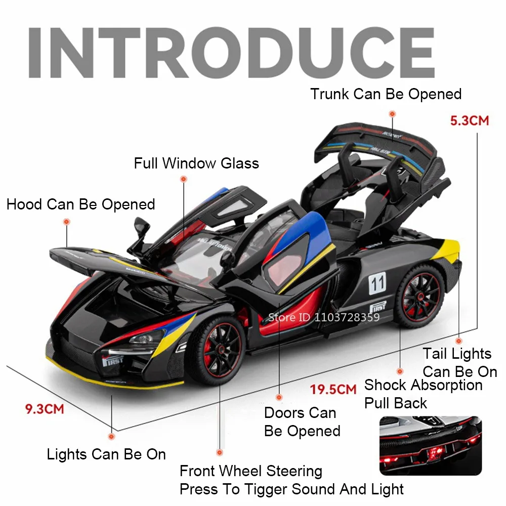 1:24 720S Senna Modell Spielzeug Sportwagen Metalldruckguss Türen geöffnet zurückziehen Sound Licht Sammlung Supercars Kinder Weihnachtsgeschenke