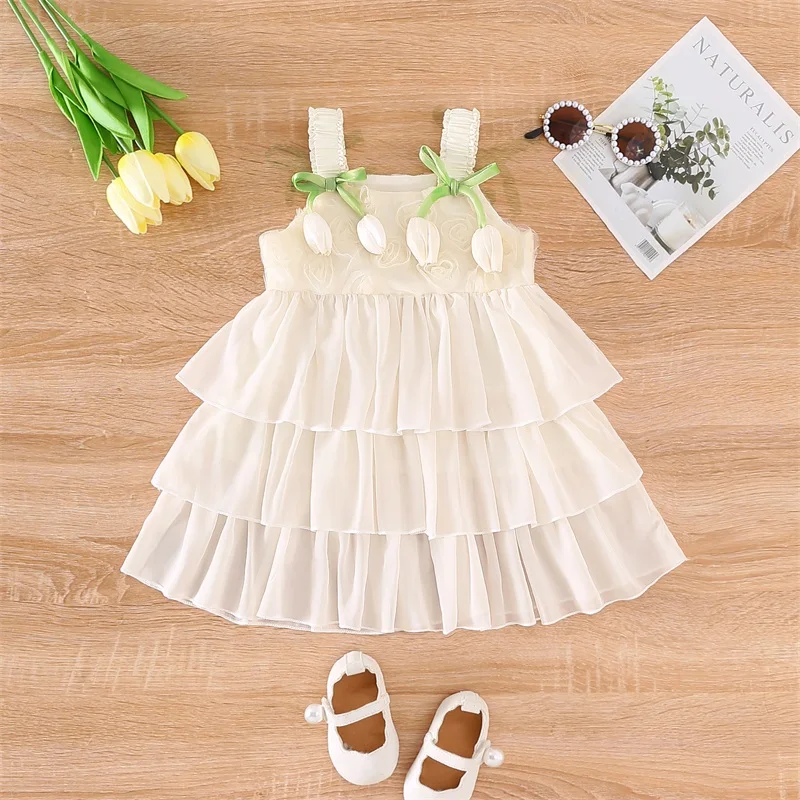 

Tregren Toddler Girls Princess Dress Summer Sleeveless Floral Bows Layered A-Line Dress for Beach Party Cute Infant Dresses