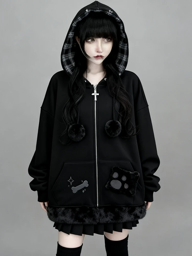 Kawaii آذان مقنعين سترة فضفاضة خمر جيب لطيف القوس معاطف Y2k الجمالية الجرونج المرأة سترات جمالية غير رسمية اليابانية