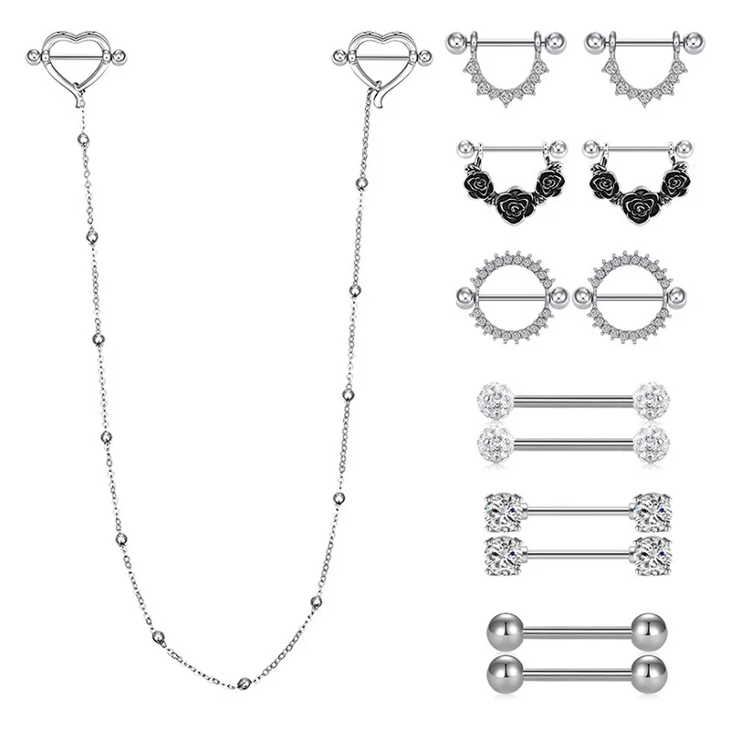 2pcs Surgical Steel Nipple Piercing with Chain Breast Shield Fake Pierced Clip Nipple Ring Cover for Women Sexy Body Jewelry 14G