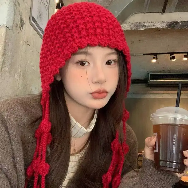 Japanese Vintage Cute Knit Wool Beanie Hat for Women Winter Warm Crochet Ear Protection Cap Female Girl Snow Windproof Bonnet