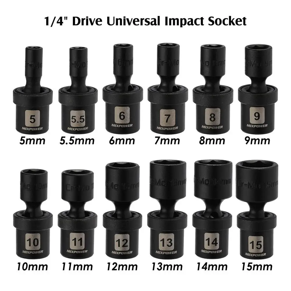 Universal Impact Socket Set CR-MO 1/4" Drive 12pc Metric Shallow Swivel Flexible Wobble 5-15mm