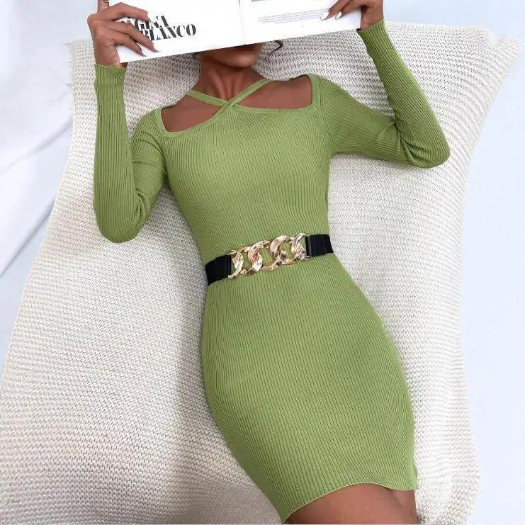 

New 2025 Women's Long Sve Knitted Dr Pure Color Street Sle Cross-Border Design Polyester Fabric Wrap around Skirt