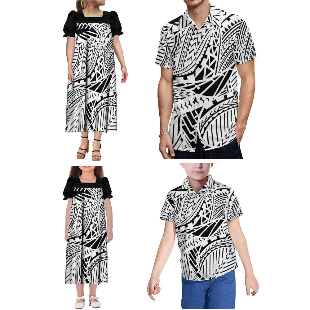 Polynesian Tribe's nieuw ontworpen bedrukte Mumu moeder-dochter jurk met pofmouwen en vader-zoon casual shirt top
