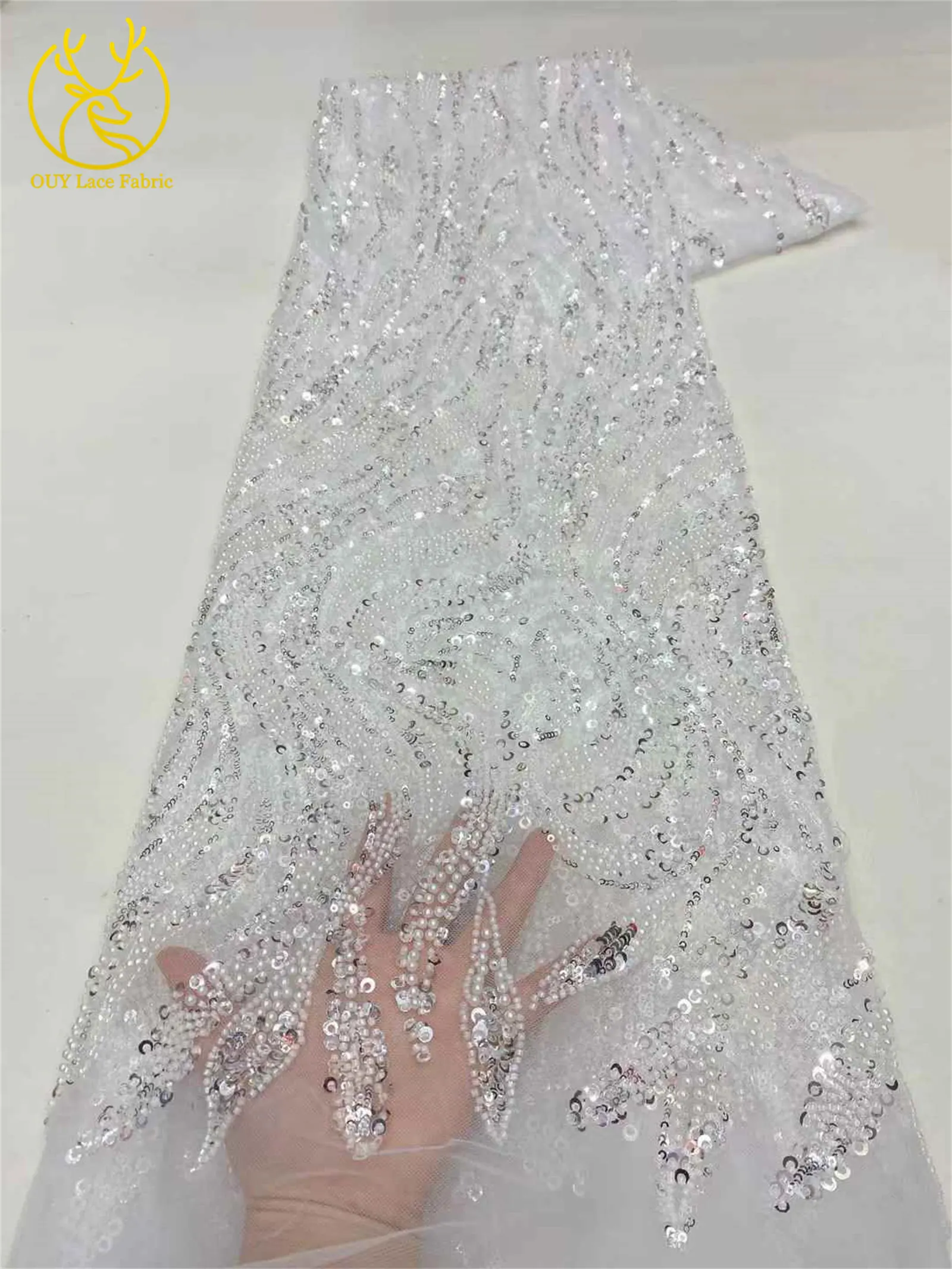 Red African Beaded Sequins Lace Fabric Fashion French Groom Embroidery Mesh For Nigerian Women Party Wedding Dress Sewing