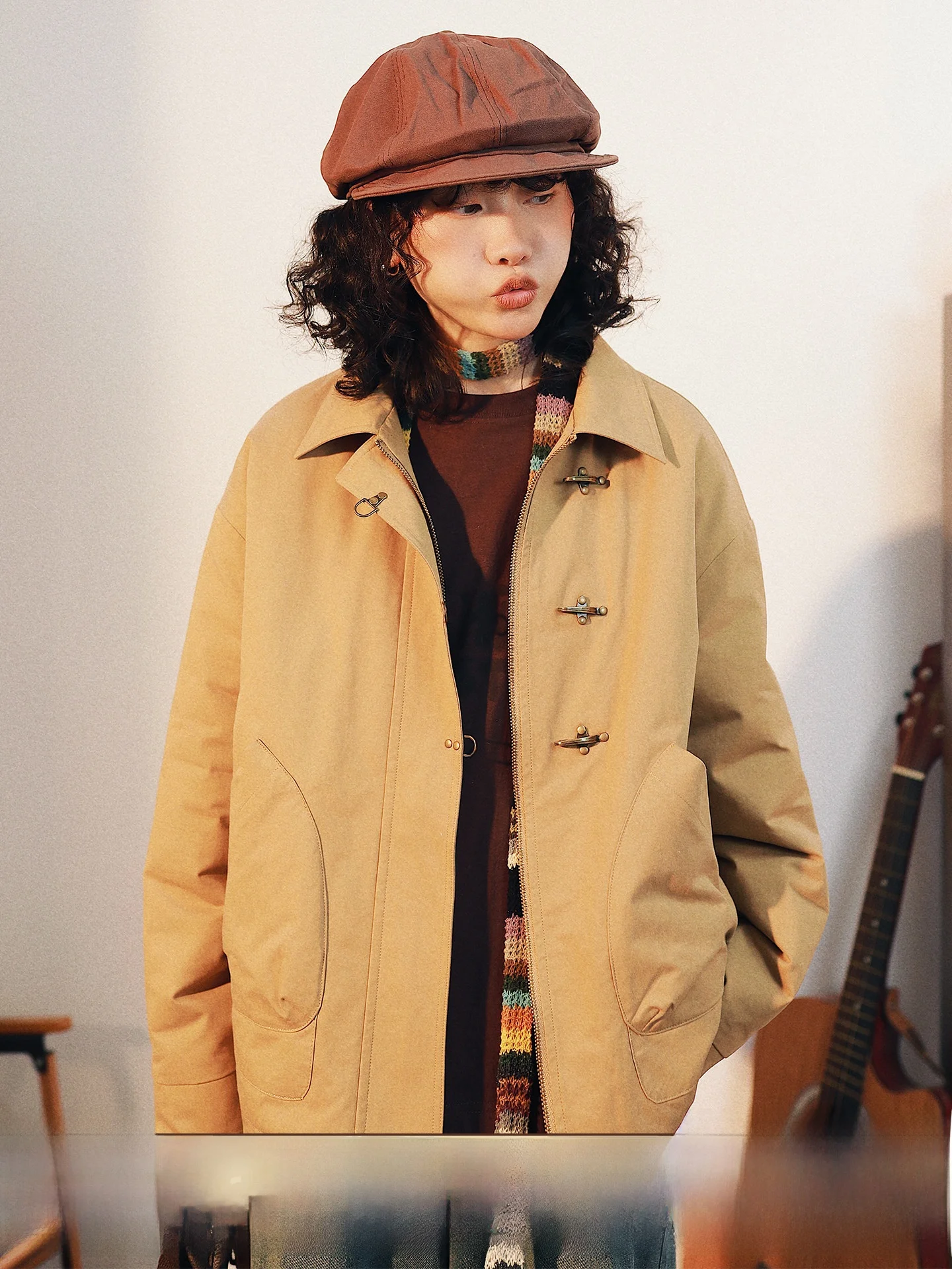 

Retro Design Cotton Jaet Women's Winter Aircrt Button Clamp Cotton Coat AITA STU Commute Loose Fit Long Sve Zipper