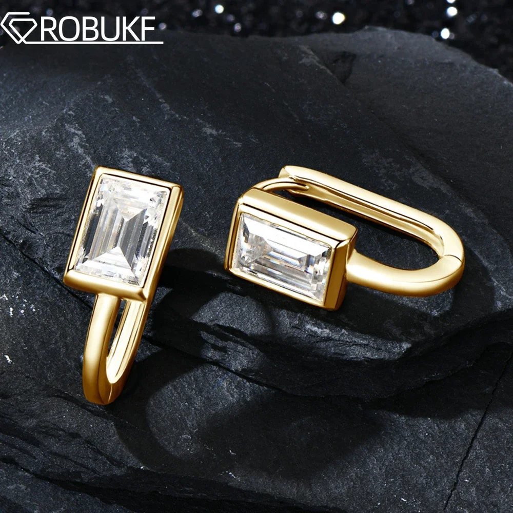 U-Shaped Moissanite Hoop Earring for Women D Color Emerald Cut Diamond S925 Sterling Silver Plated 18K Gold Wedding Fine Jewelry