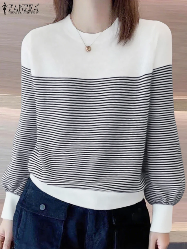 

ZANZEA Fashion Long Sleeve T-Shirts Women Striped Tops 2025 Autumn Loose Pullovers Tees Casual Patchwork Tunic Oversized