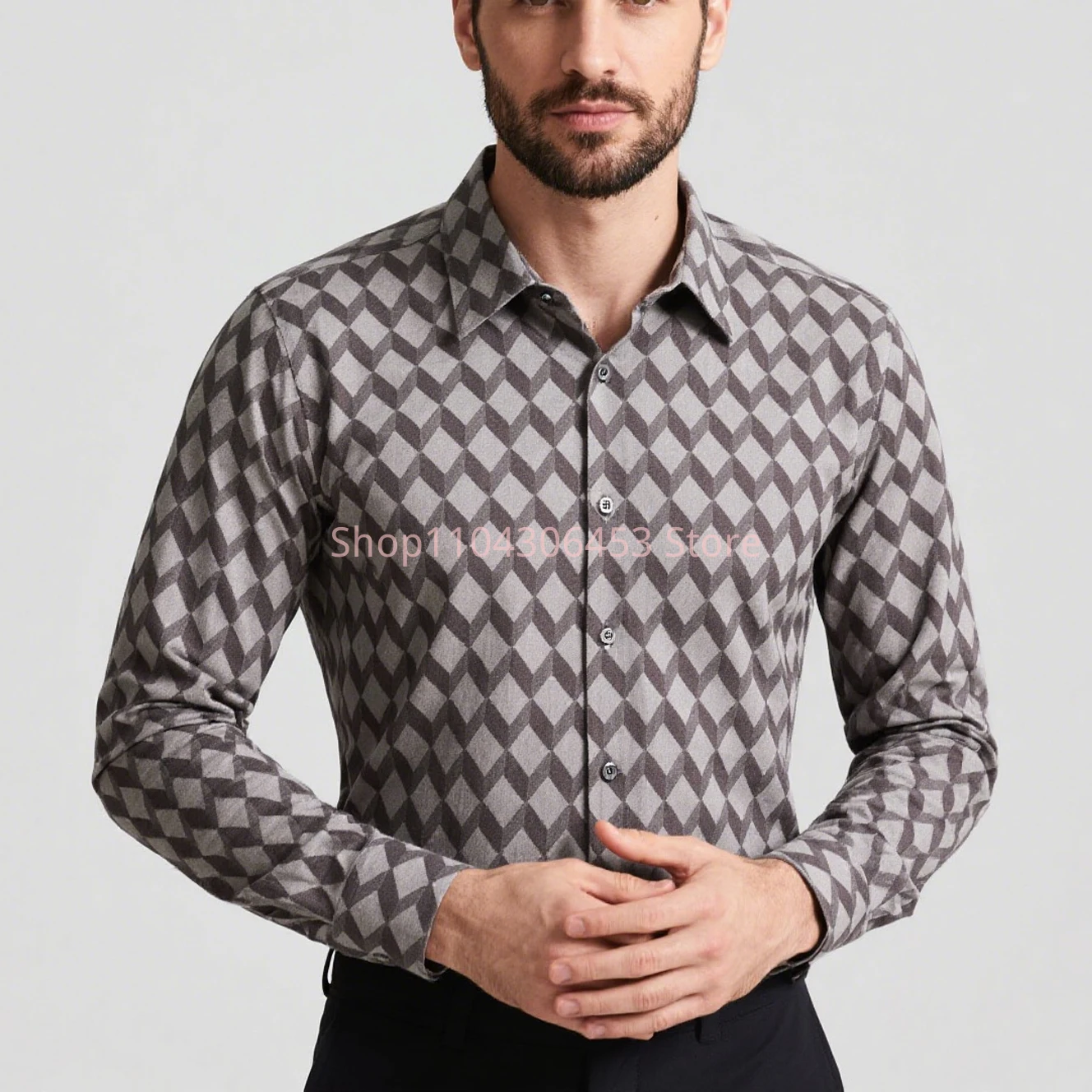 2025 New Men's Geometric Plaid Graphics 3D Printing Shirt Hawaiian Casual Casual Long Sleeve Lapel Shirt Business Simple Casual