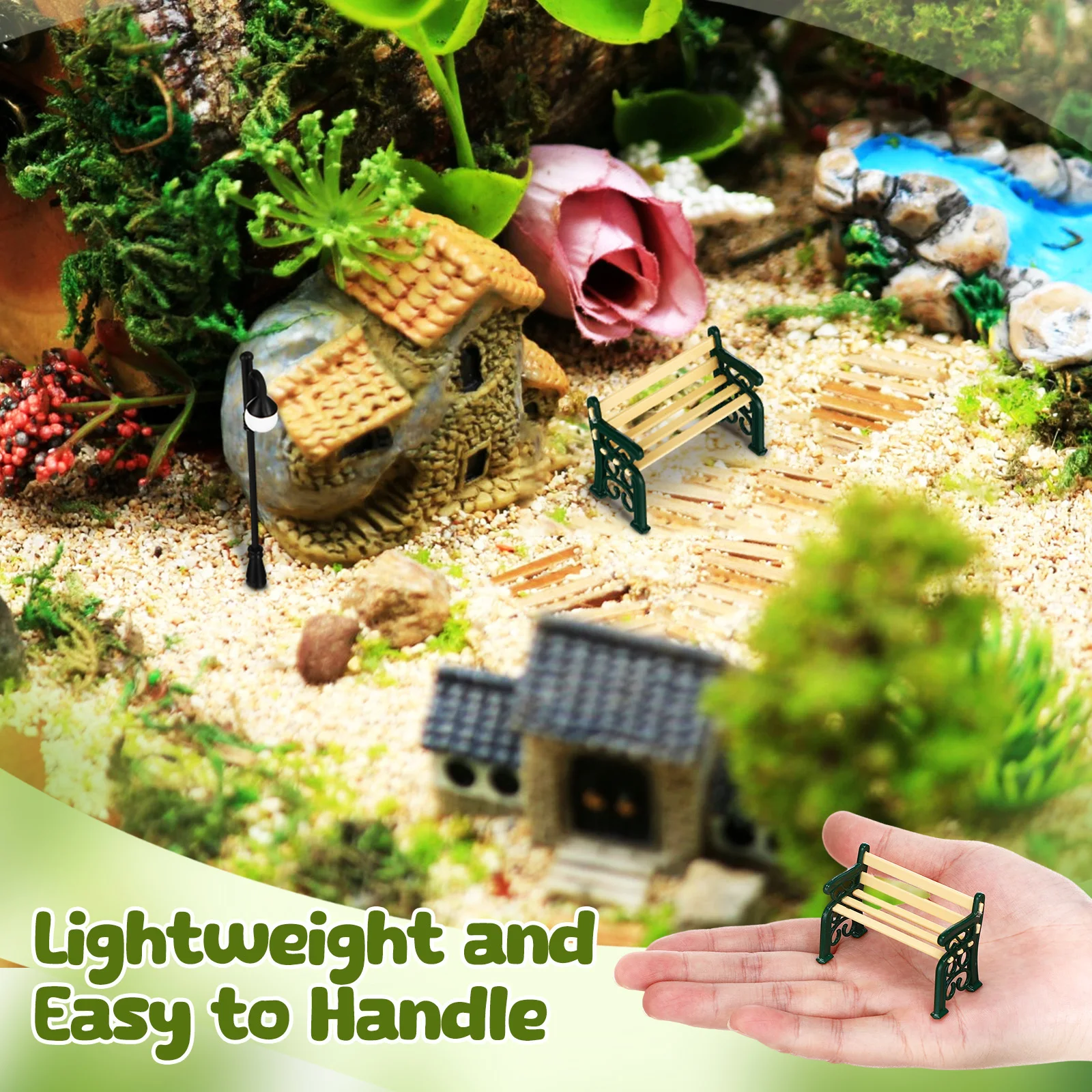 1 مجموعة مصغرة بارك مقعد سبيكة دمية الأثاث البسيطة ضوء الشارع ديكور حديقة صغيرة المشهد تخطيط مصباح مصغر