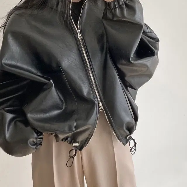 Leather Coat Jacket Drawstring Zipper Y2k 2024 Spring Fashion Long Sleeve Stand PU Loose Female Women Crop Coat  Lady Outwear