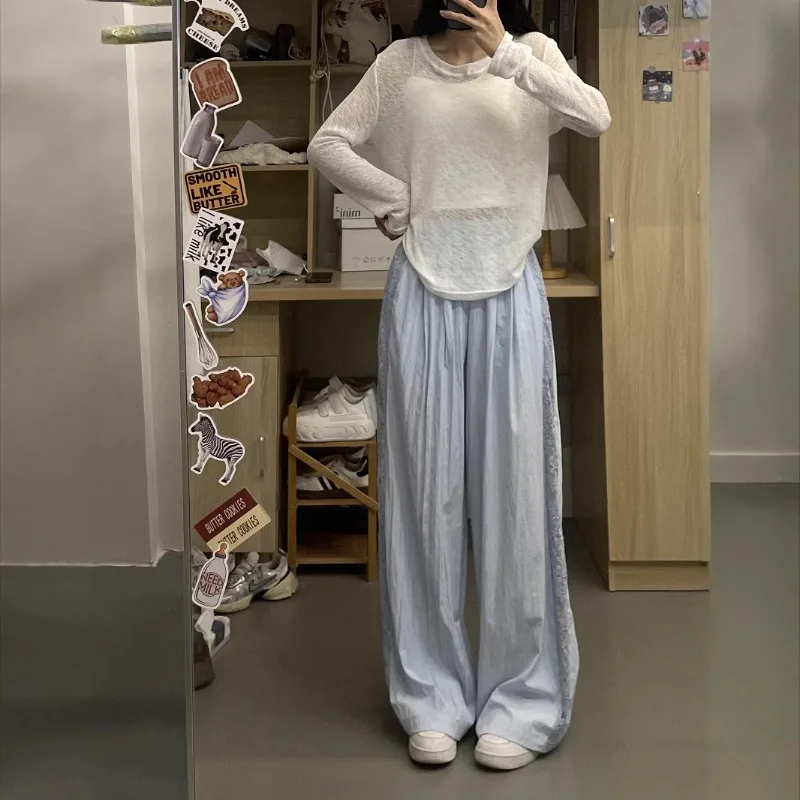 2026 Sommer Spitzen-Patchwork Einfarbige Weite Hose für Damen Elastische Hochbund Lose Hose Retro Mode Lässige Damenhose