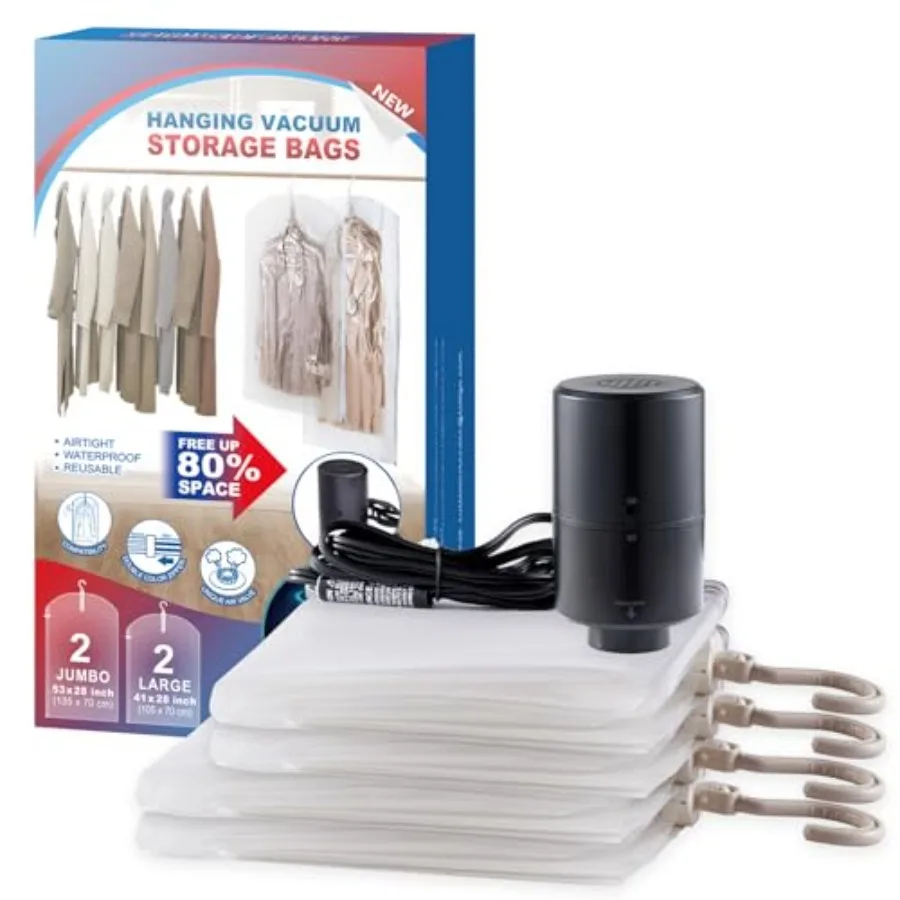 

Вакуумные пакеты для хранения одежды (4 шт.) с электрическим насосом, герметичные, для костюмов, платьев, пиджаков, 2 размера