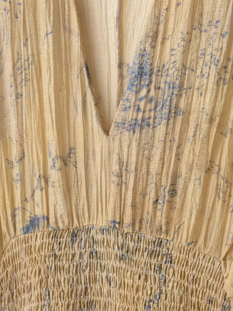 

Sexy V-neck Printed Pleated Top Women Fashion Solid Full Sleeve Patchwork Waist-cinching Top Lady Summer Chic Casual Clothing