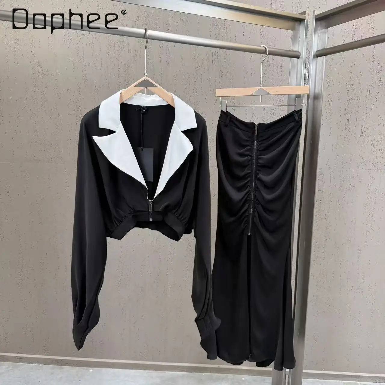 

High-end Commuter Style Personalized Professional Suit Outfits Women Black and White Lapel Zipper Suit Pinch Pleated Long Skirt