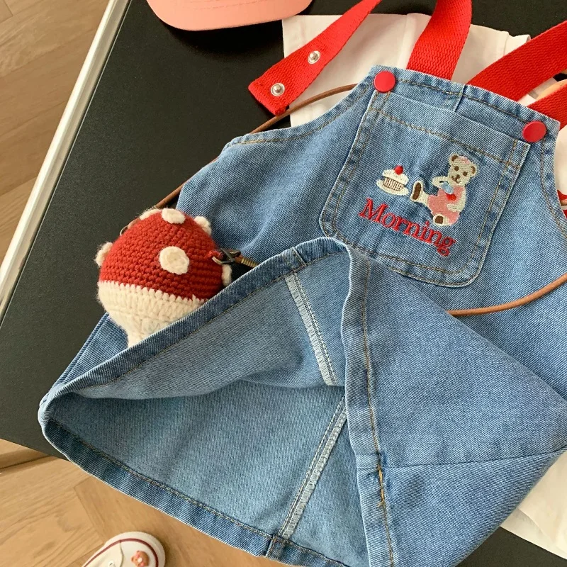 2023 Summer Children Girl Clothes 0-6Years Kids Girl Cartoon Bear Embroidery A-line Denim Dress Overalls Outfit Fashion Sundress