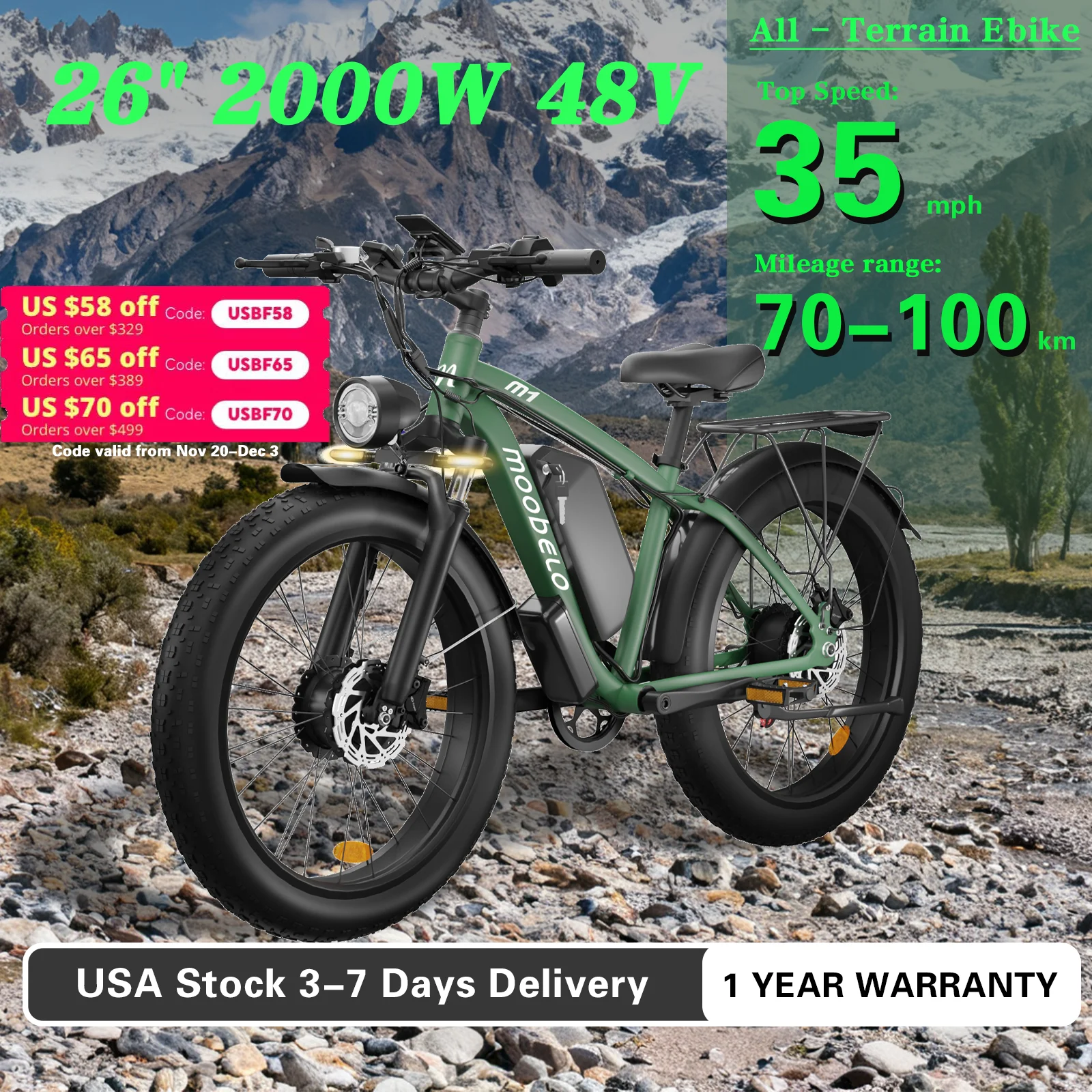 

M1 High Performance 48V 2000W Dual Brushless Geared Motor Electric Bicycle Adult E Bike with Strong Torque for Mountain Riding