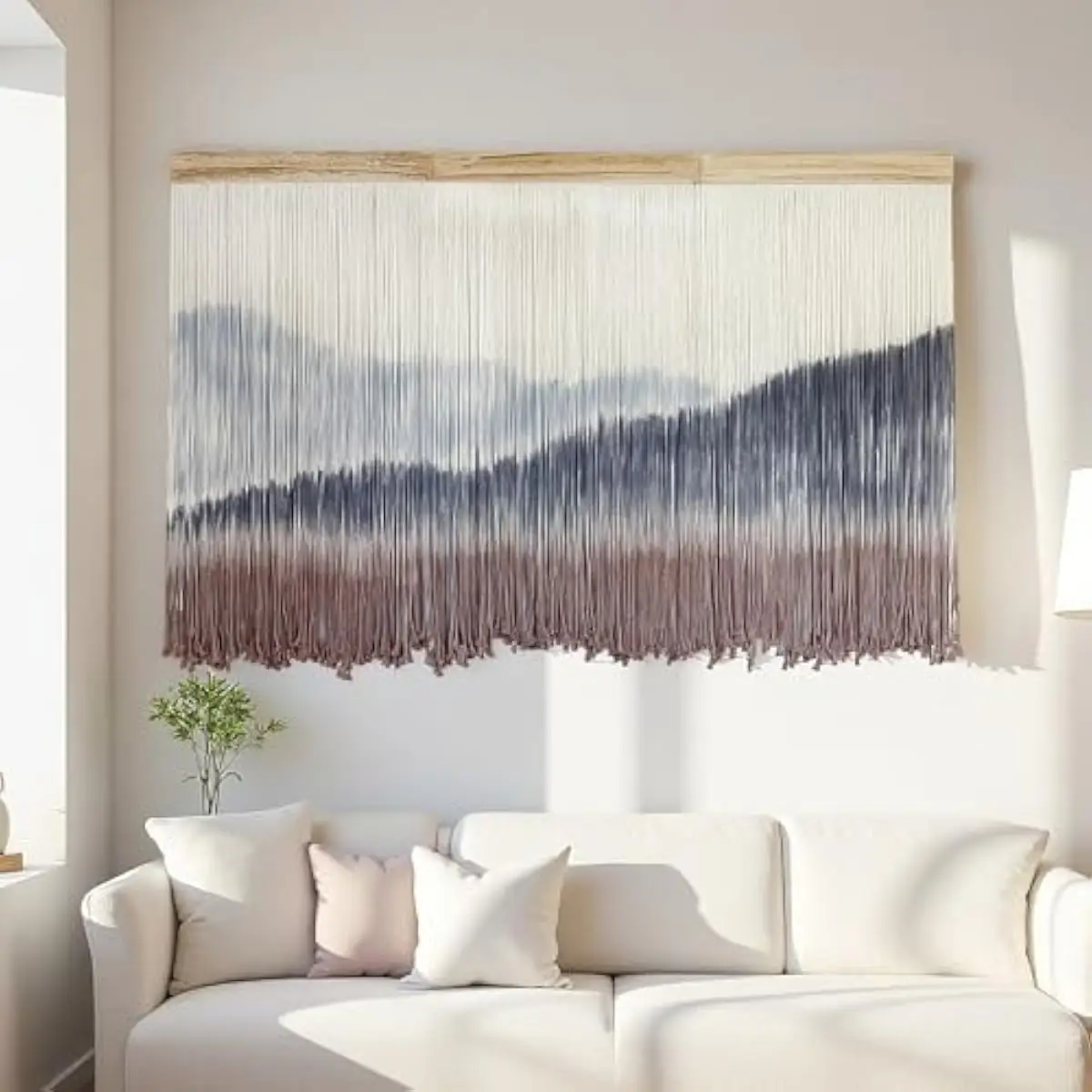 Oversized Hand-Knotted Macrame Tapestry Featuring Organic Mountain Silhouette in Soft Gradient Dye 59 Inch by 38 Inch Natural Co