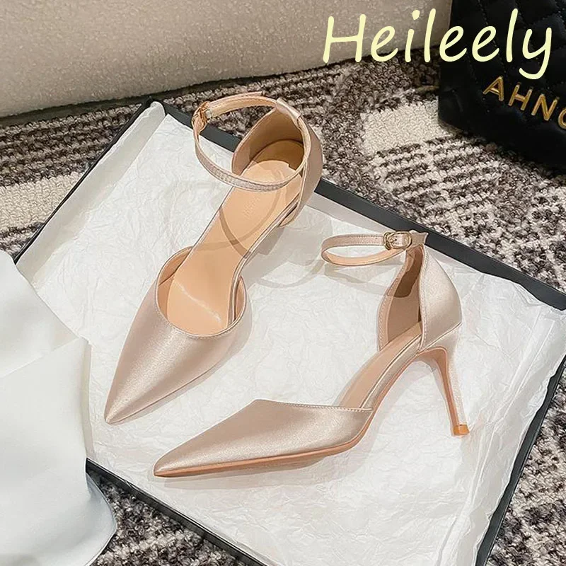 8cm Heels Women Luxury High Heels Sandals Pointed Toe Satin Ankle Straps Pumps Wedding Bride Champagne Shoes for Women 41 42 43