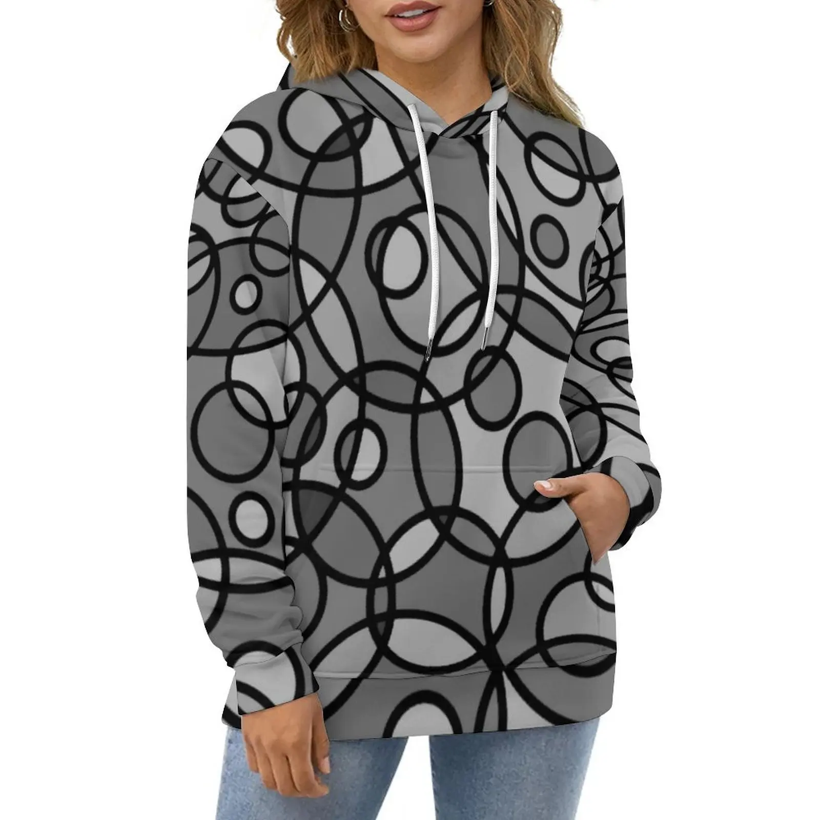 

Black Grey Geometric Casual Hoodies Retro Circle Print Y2k Hoodie Couple Long Sleeve Street Style Custom Loose Oversized Clothes