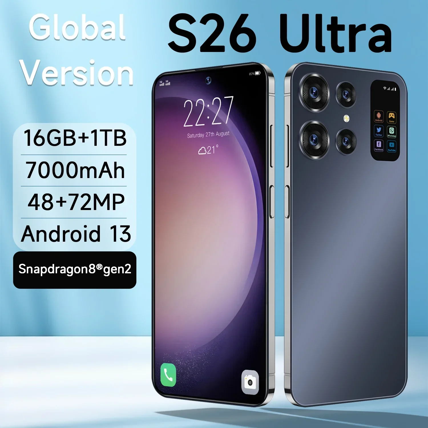 

Original S26 Ultra Global Version Unlocked Smartphone Snapdragon8 Gen2 16G+1TB 7000mAh 48+72MP 4/5G Network Android Mobile Phone