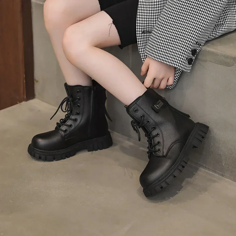 Girls Fashion Boots Kids Black Boots Motorcycle Tide British Style Kids Rubber Boots 2024 Autumn Winter Warm with Metal Buckle