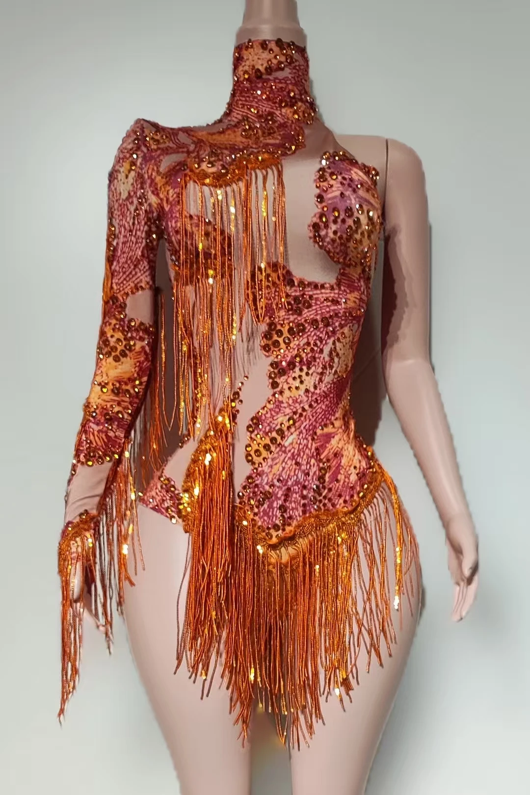 سباركلي حجر الراين الترتر شرابة كم واحد ارتداءها النساء الرقص مرحلة الأداء حفلة ارتداء بار مثير النساء الزي duxiu