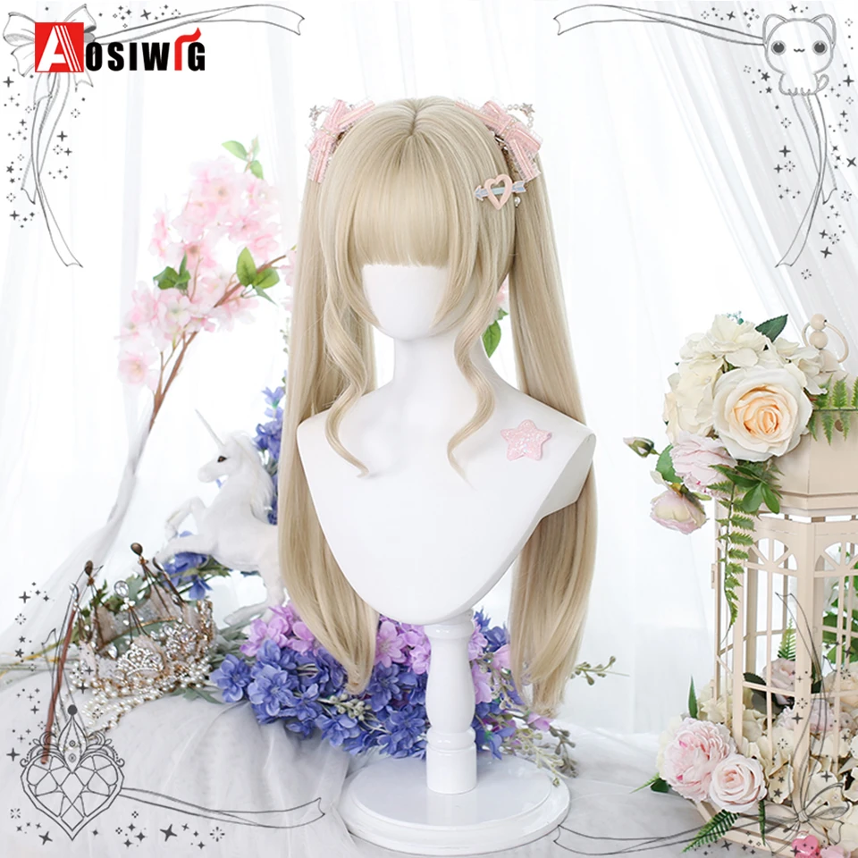 AOSI Blonde Twin Ponytail Princess Cut Natural Short Hair Synthetic Wigs With Bangs For Women Heat Resistant Cosplay Lolita Hair