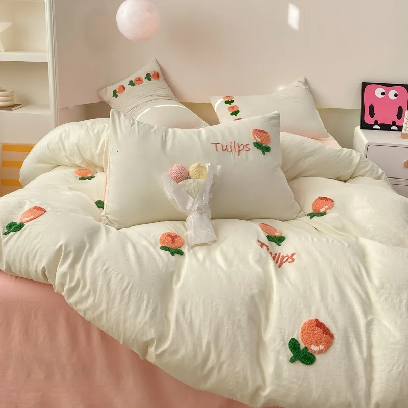 Ins Washed Cotton Four- Towel Embroidery Bedding Sheets Duvet Cover Dormitory Bed Single Student Three-Piece Set