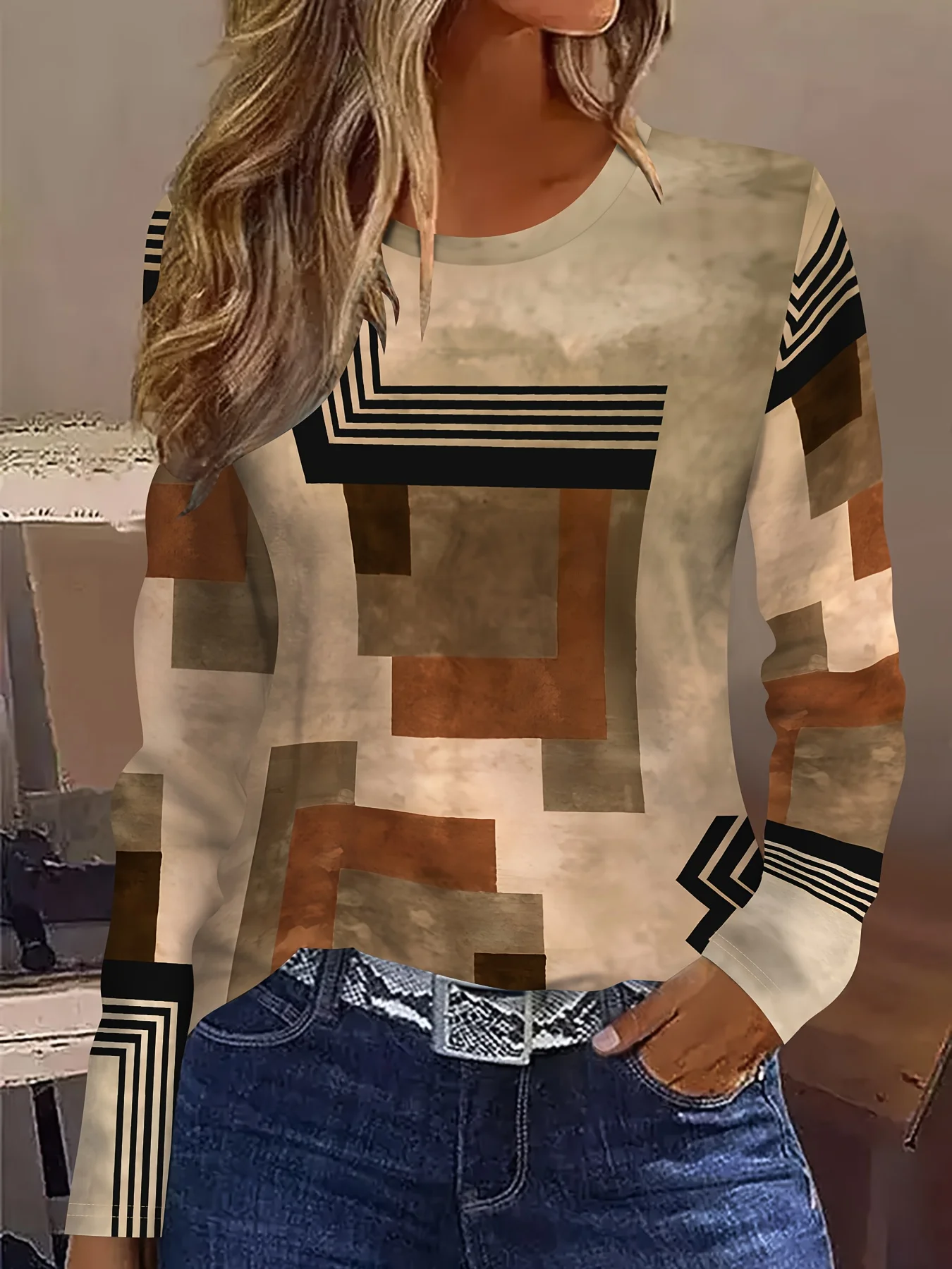 Irregular geometric pattern, loose fit, casual round neck, long-sleeved top for women, everyday creative oil painting design.