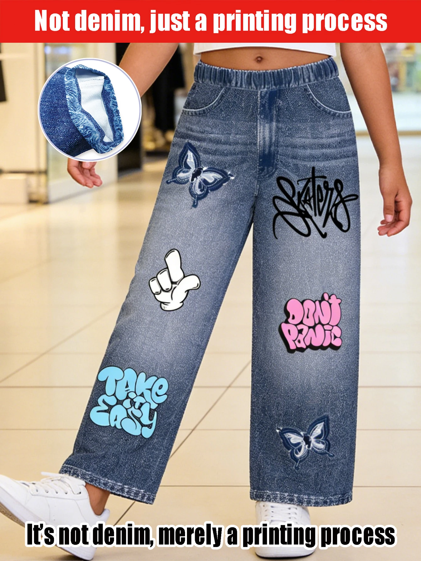 

Детские светло-голубые джинсы с имитацией граффити и бабочки 2026 года