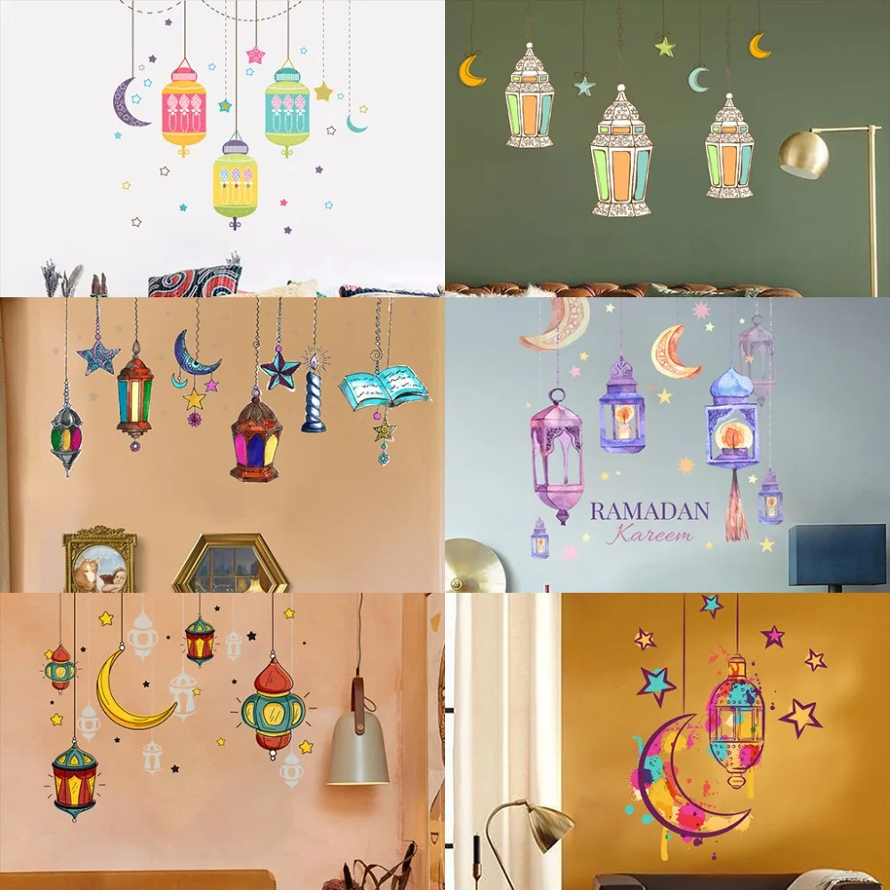 Colorful Ramadan Wall Stickers PVC Muslim Eid Mubarak Wall Stickers DIY Islamic Moon Star Lantern Wall Stickers Party Decor