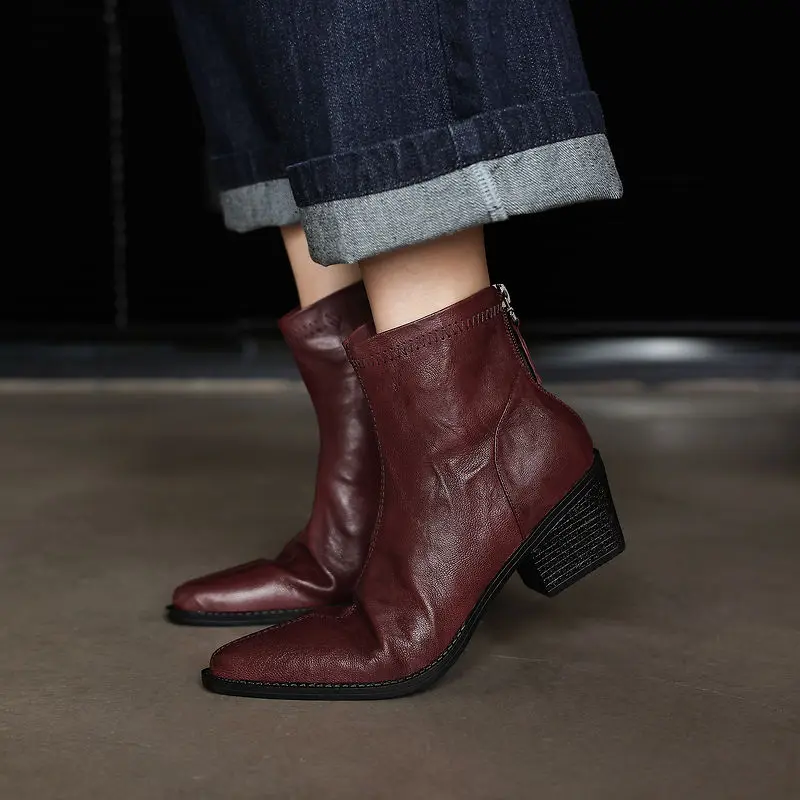 New Autumn/winter Genuine Leather Women Boots Pointed Toe Shoes for Women Fashion Boots High Heels Short Boots Handmade Shoes