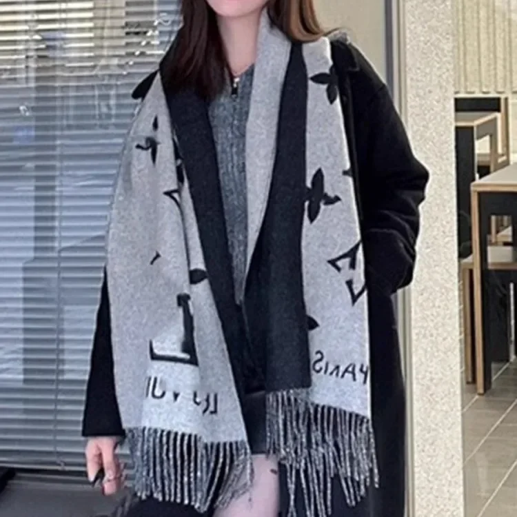 Fashionable Classic Black Grey Cashmere Scarf Shawl for Autumn and Winter, Versatile and Warm Scarf