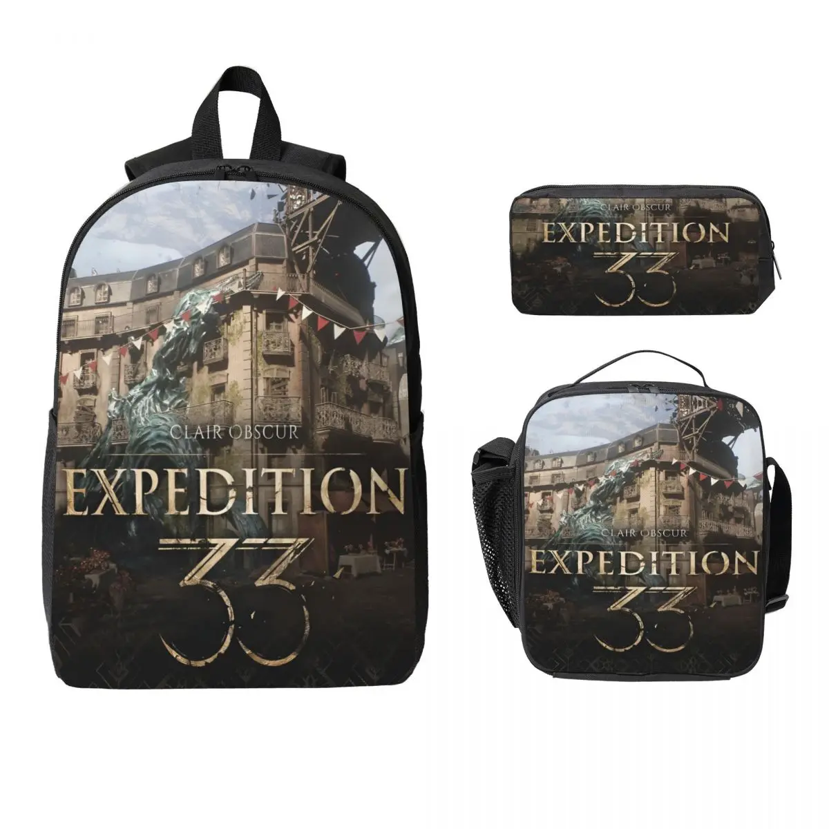 

3Pcs Clair Obscur Expedition 33 Backpack Set for Children Pencil Boxes Bookbag Sets with Lunch Box For School Students Daypack