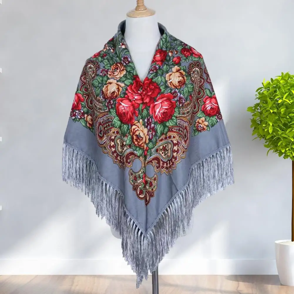 Women Wrap Scarf Elegant Ethnic Style Shawl Scarf with Tassel Flower Print for Autumn Winter Square Fringed Head for Wedding