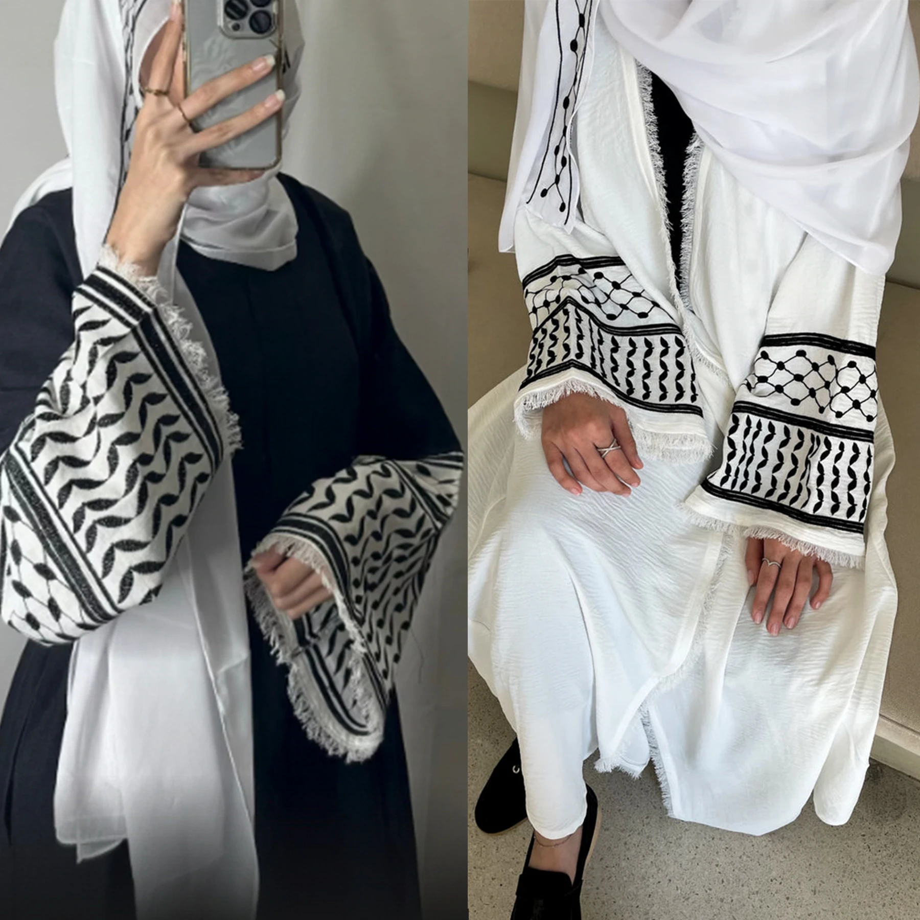 New Ramadan Open Embroidery Tassel Black White Kimono Abaya Dubai Luxury Muslim Islam Kaftan Dress Abayas Women Kebaya Caftan