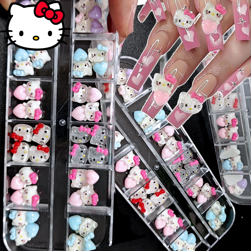 12 그리드/박스 혼합 글리터 3D 카와이 헬로 키티 네일 참 핑크/블루/퍼플 러브-하트 키티 고양이 네일 아트 마카롱 KT 고양이 부품