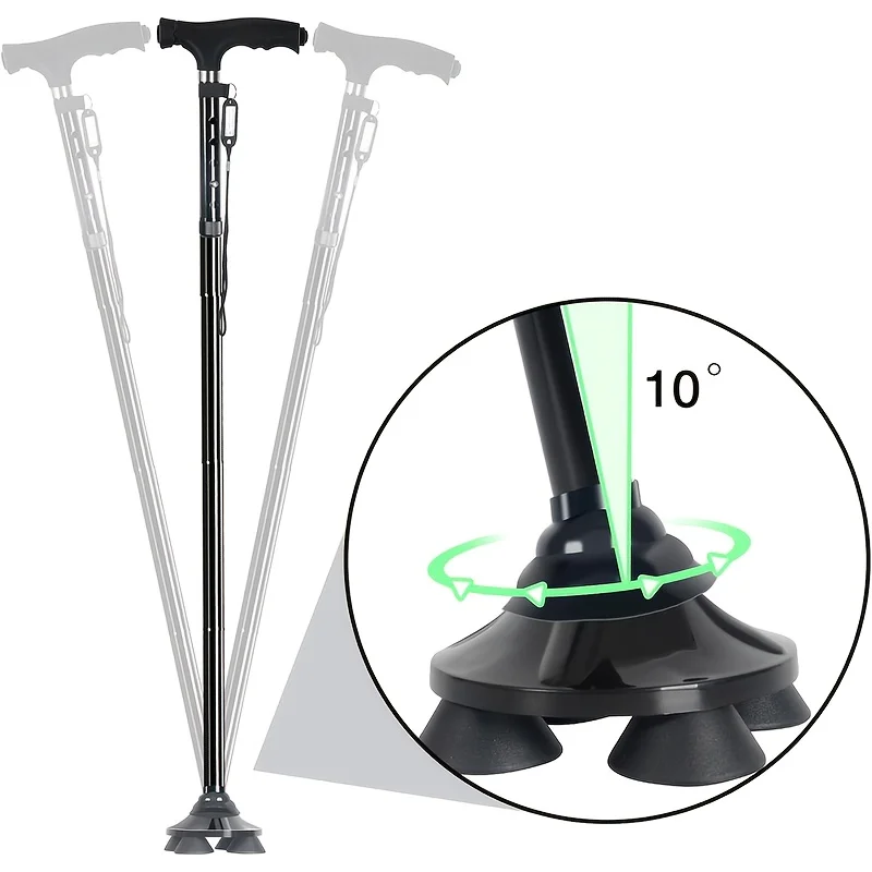 Adjustable Folding Cane With LED Light, Ergonomic Padded Handle And 4-point Base, Durable Metal Frame, Suitable For: The Elderly, Hiking, Mountaineering, Backpacking Trips.portable Mobility Aid For Men And Women