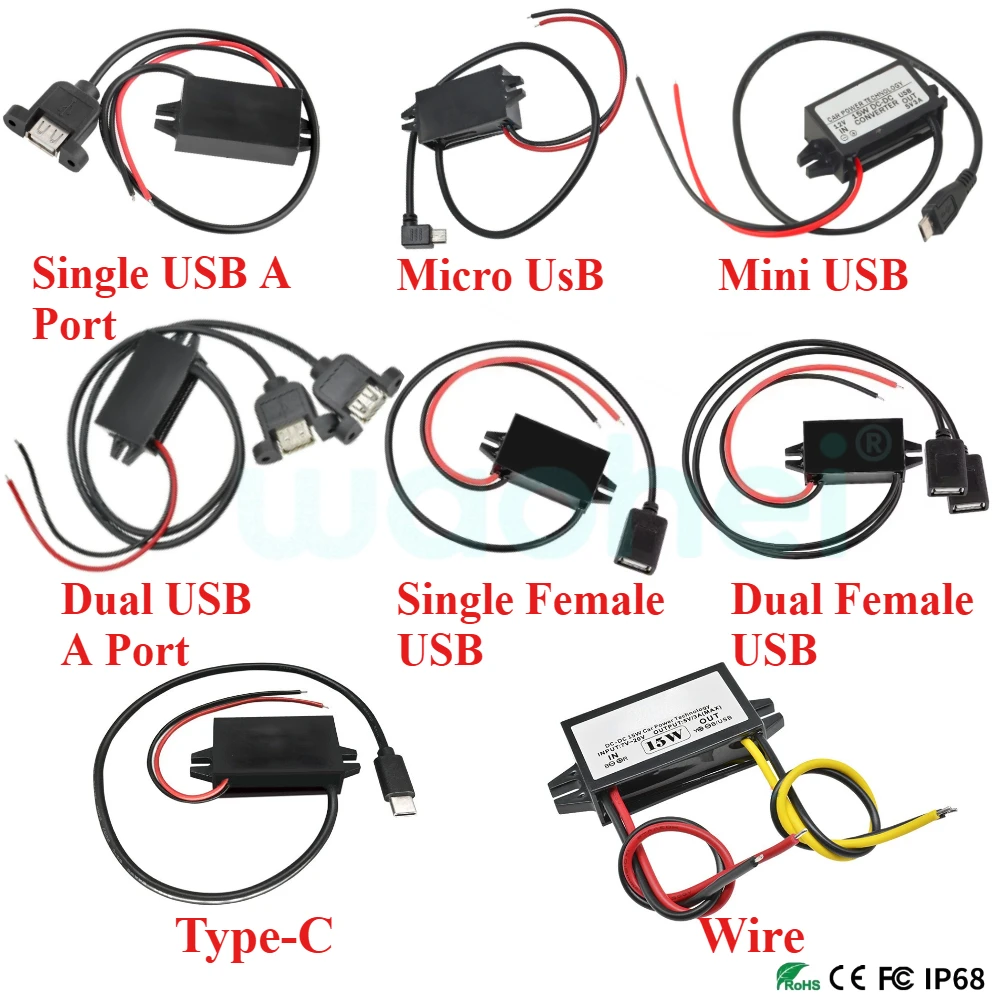 

12V to 5V 3A 15W DC DC Step Down Buck Converter Power Supply Module Type-C Adapter Male Female Micro USB Mini USB for Car CE